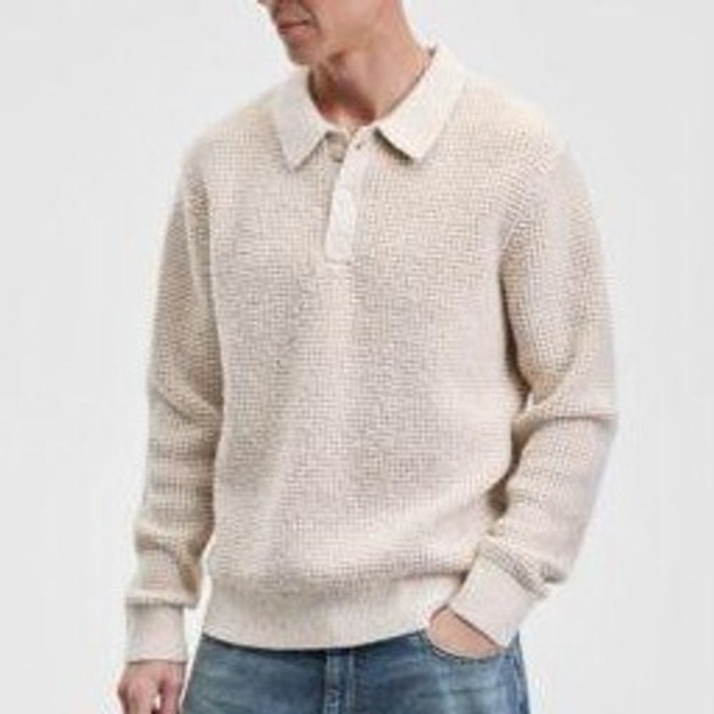 NWT Mode of One Men's L Waffle Polo Sweater Neutral Beige Polyester Blend Casual